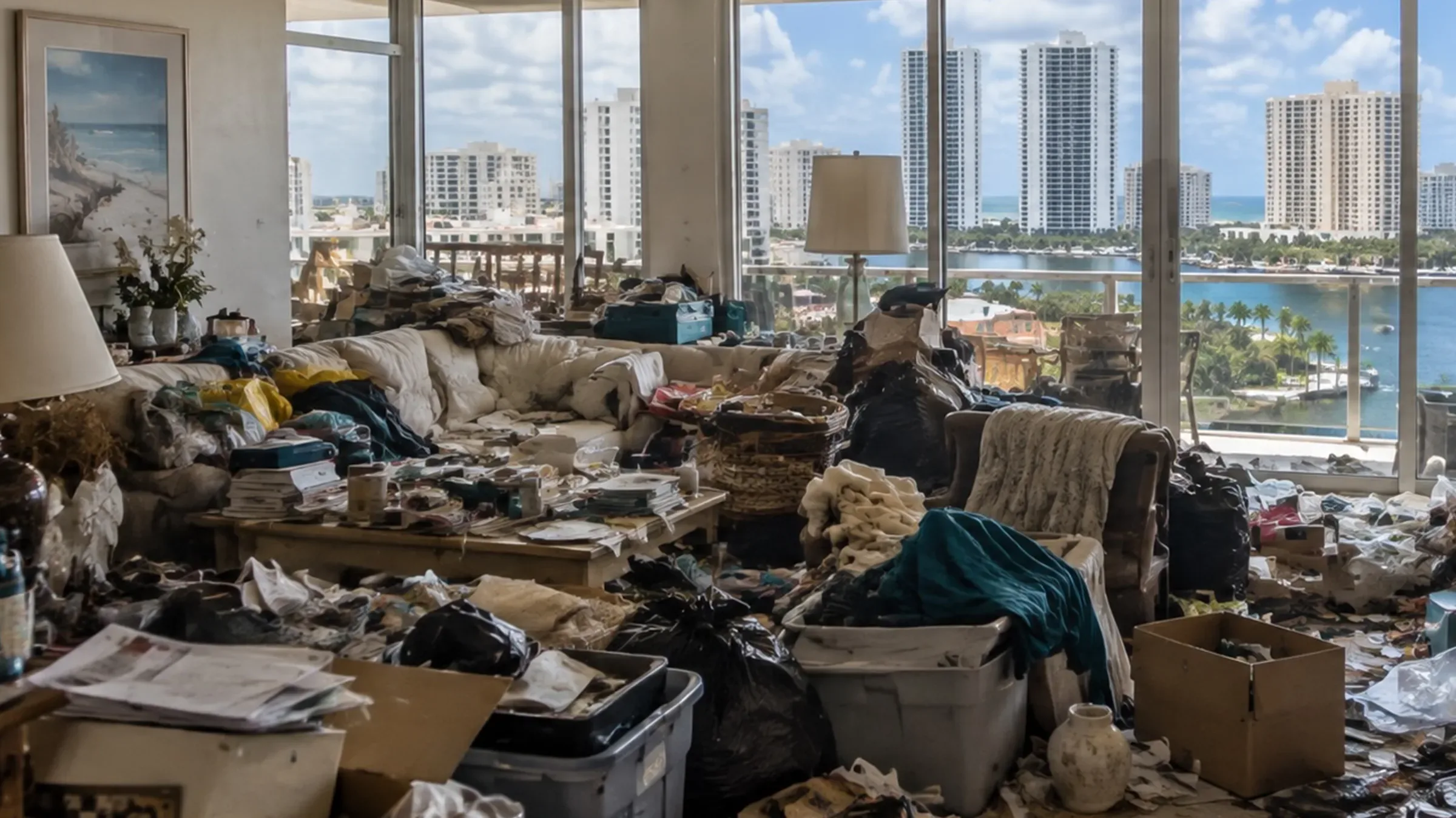 Severely cluttered high-rise condominium living room filled with accumulated household belongings, furniture, boxes, and trash bags, overlooking the waterfront in Fort Lauderdale, Florida.