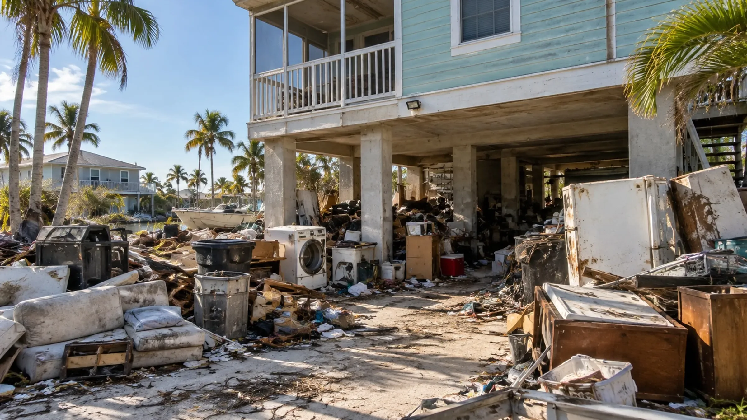 Elevated coastal home on concrete pilings surrounded by accumulated furniture, damaged appliances, and household debris in Fort Myers, Florida.