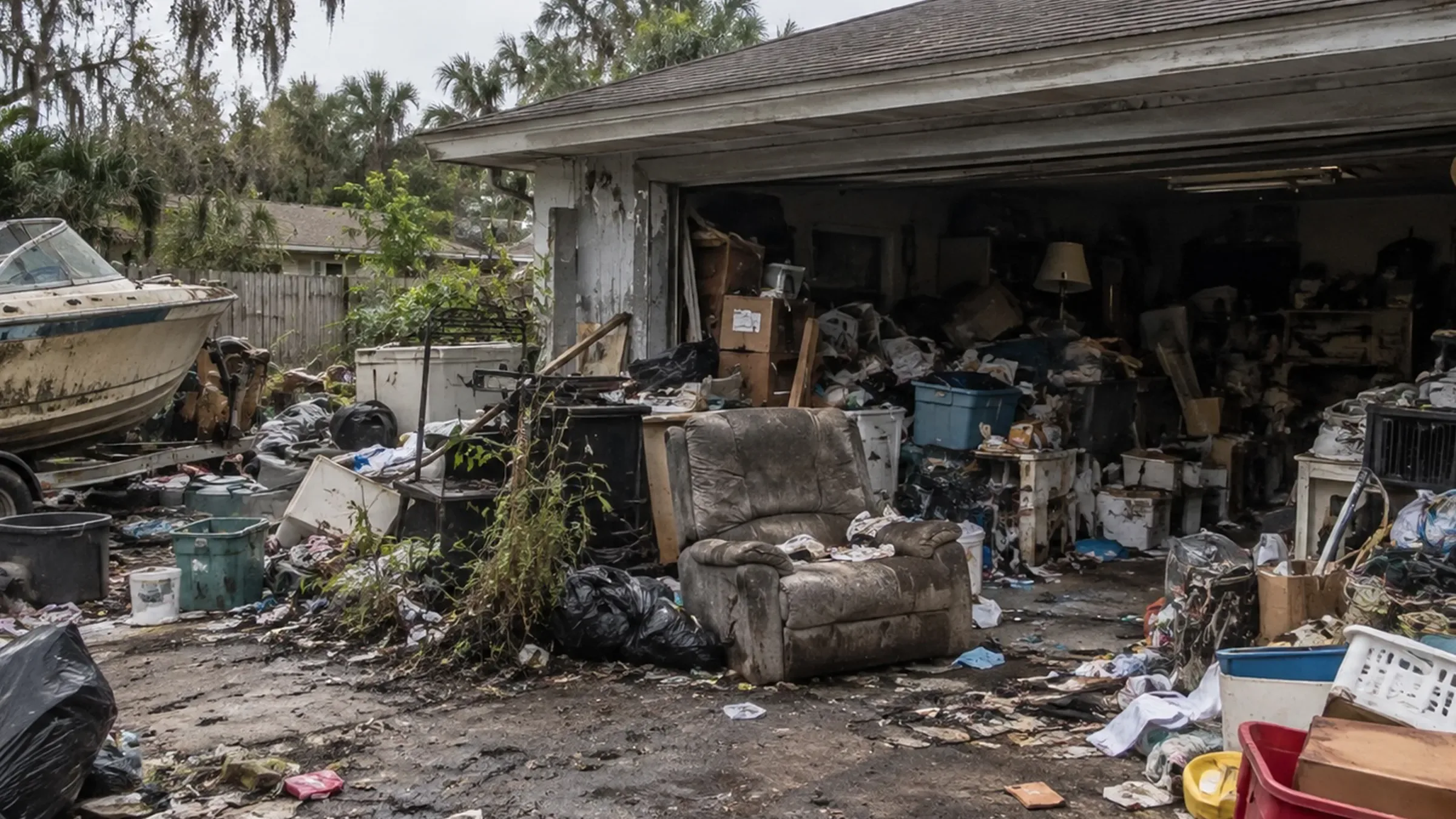 Severely cluttered residential garage in Jacksonville, Florida, with an abandoned boat, damaged furniture, old appliances, trash bags, and accumulated household debris.