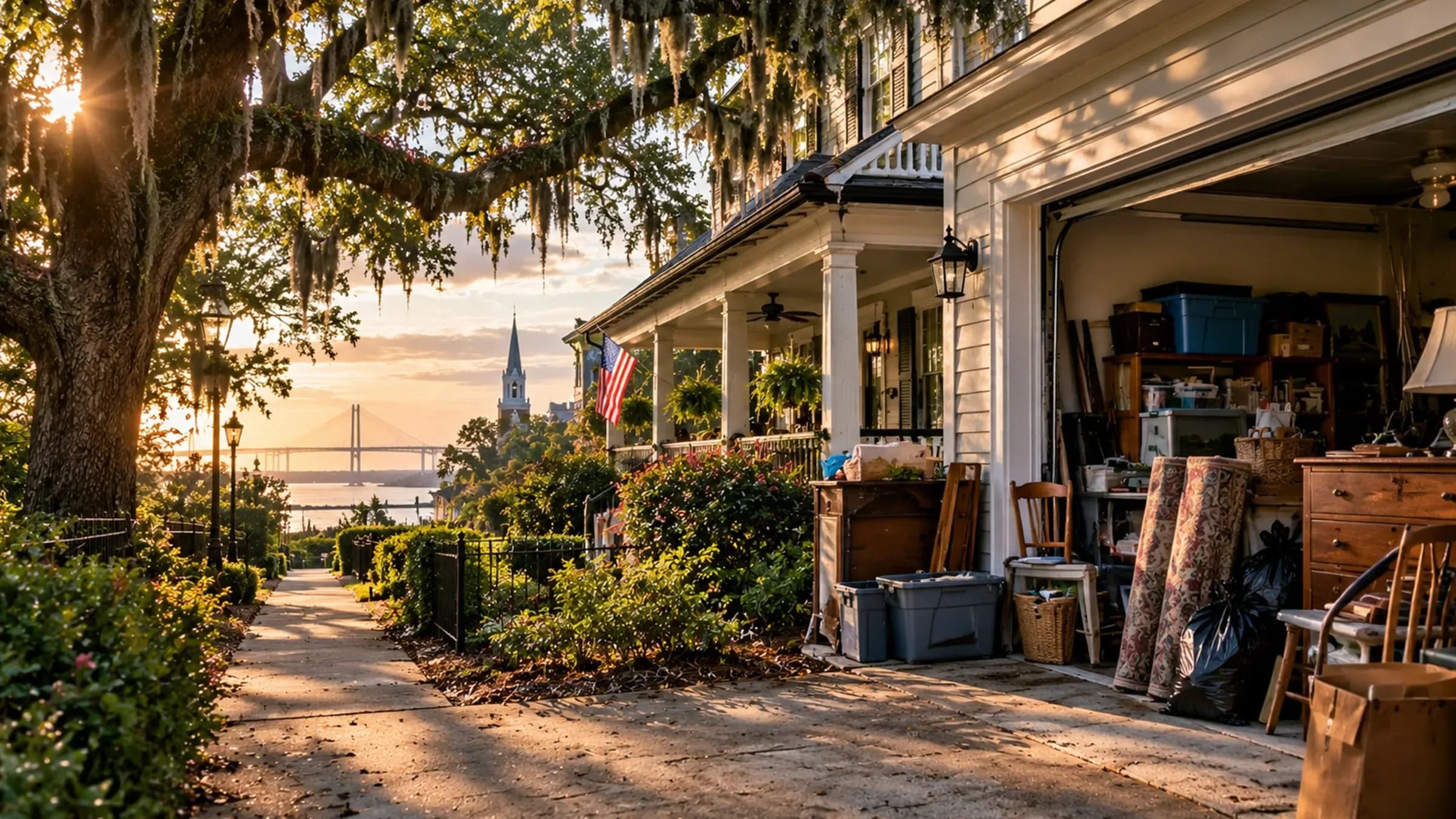 Historic Savannah, Georgia home with a cluttered garage filled with household belongings, framed by Southern live oak trees draped in Spanish moss.